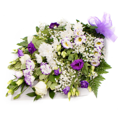 Sympathy Flowers SYM-335 - A selection of purple and white flowers in cellophane. Sympathy Flowers SYM-335 - A selection of purple and white flowers in cellophane.