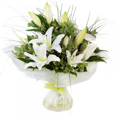 Forever Yours - Show your affection with this fabulous hand-tied  featuring white oriental lilies and foliage. Forever Yours - Show your affection with this fabulous hand-tied  featuring white oriental lilies and foliage.